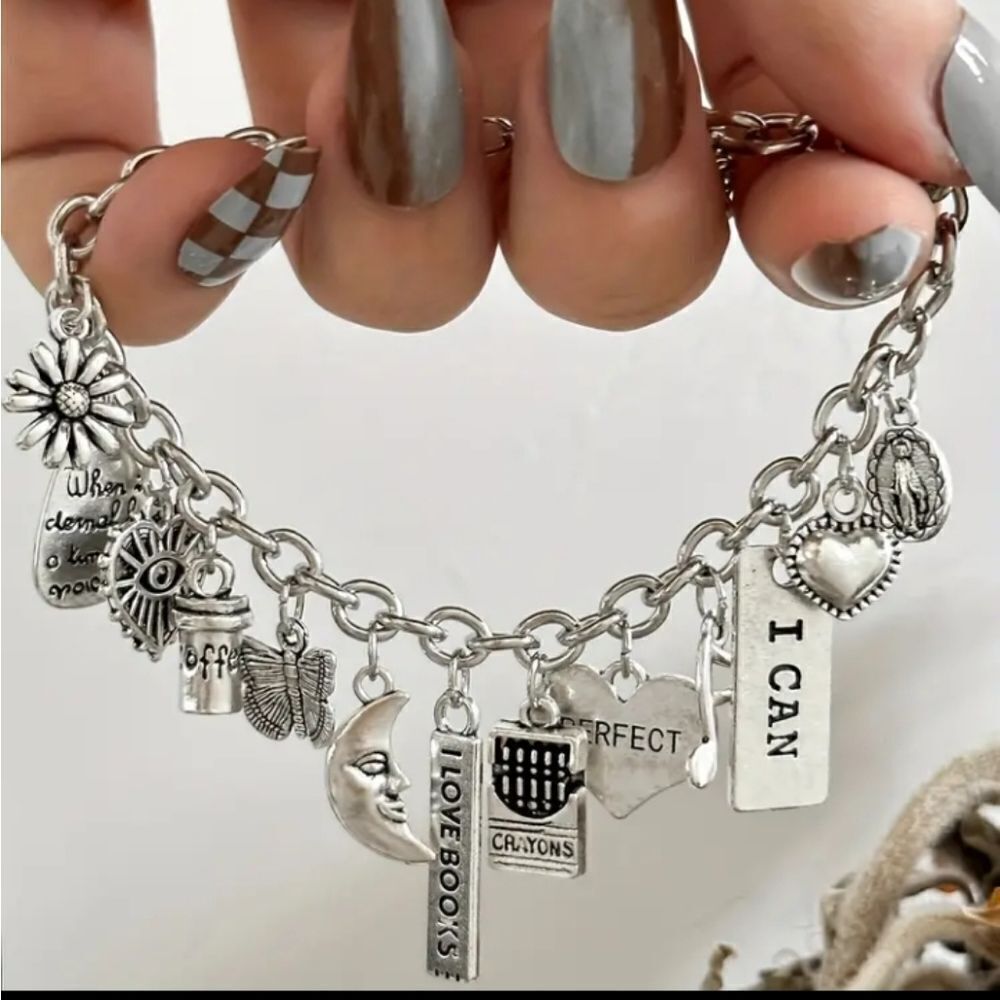 Antique Silver Charm Bracelet with Coffee Books I Can